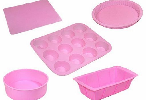 Silicon Bakeware Set 5pcs - Pink & Heart Trolly Coin Keyring (Round Pie / Flan Dish, Round Pan, Baking Mat, Loaf Pan, 12-Cup Muffin Pan)