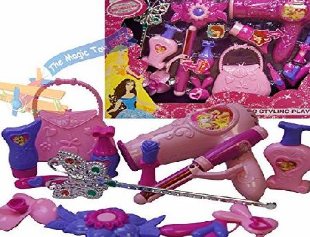 MTS Girls Hair Dryer Curling Wand Toy Beauty Cosmetic Princess Playset Gift Set