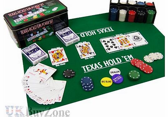 MTS Texas Holdem Poker Game Set Gaming Mat 200 Chips 2 Decks Playing Cards Tin Box