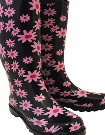Ladies Mud Rocks Black Flower Wellington Boots Size Shoes