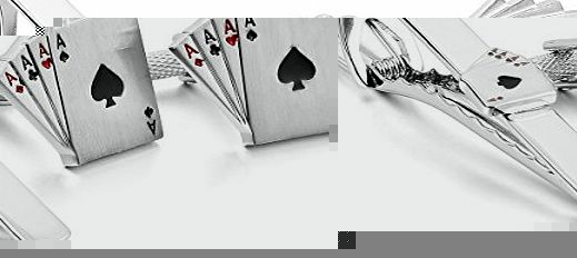 MunkiMix Rhodium Plated Cufflinks amp; Necktie Tie Clip Bar Set Silver Poker Cards Cufflinks Size 2.5`` Men