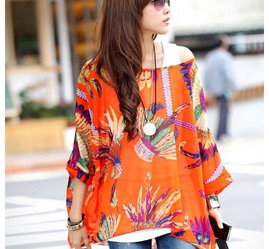 Fashion Floral Print Round Neck Batwing Three Quarter Sleeve Womens Loose Chiffon T-shirt Blouse - Free Size (Orange)