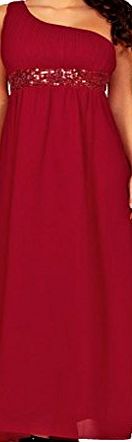 MY EVENING DRESS Long one shoulder sequin dress ladies evening dresses womens empire line maxi ruffles gowns formal party wear Burgundy Size UK 14