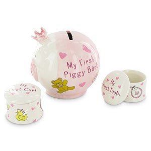 First Pink Piggy Bank and Tooth and Curl Boxes