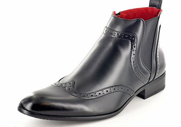 My Perfect Pair Mens Black Italian Style Leather Lined Slip On Round Toe Formal Brogue Ankle / Chelsea Boots ( Size 9)