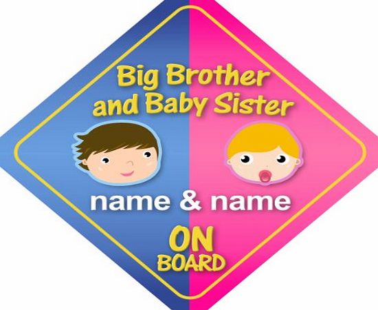mybabyonboard.co.uk Big Brother And Baby Sister On Board Personalised Car Sign New Baby / Child Gift / Present