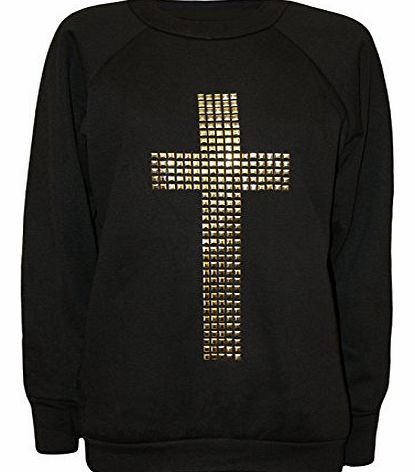 MyMixTrendz New Ladies Gold Gothic Cross Stud Long Sleeve Pull Over Sweater Jumper Sweatshirt (M/L (UK 12/14 EU 40/42 US 8/10), Black)
