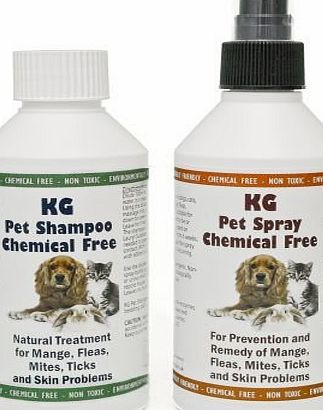 Natural Enzymes KG Pet Shampoo 250 ml amp; Spray 250 ml for mange, fleas, ticks, mites and itchy skin problems. Pesticide amp; chemical free