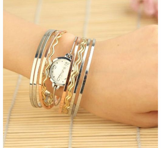 Natural Silver/Gold/Copper Bangle Bracelet Wrist Fashion Dress Quartz Watch Curved