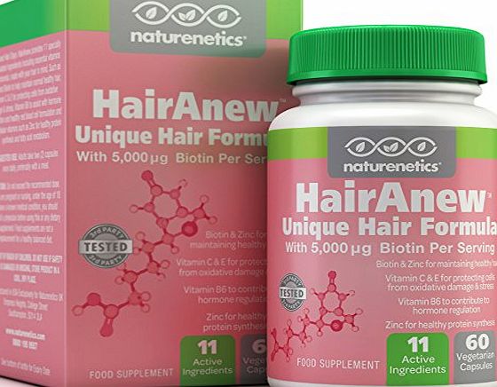 Naturenetics HairAnew: Focused Hair Formula For Women - For Stronger, Thicker, Healthier Hair - 5000 Biotin PLUS Key Hair Vitamins, Minerals, amp; Nutrients - Independently Tested - Vegan - Gluten Free - Non-GMO