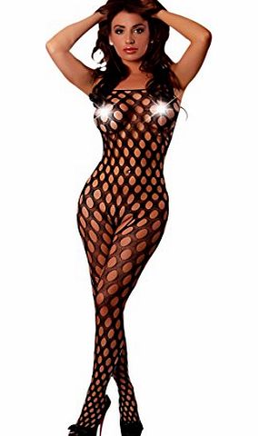Naughty Bitz Raunchy Sheer Black Large Hole Fishnet Bodystocking With High Neck And Open Rear - One Size - Small/Large (UK 6-16)