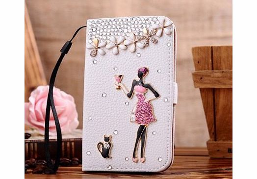 Neekor TM) Apple iPhone 4 4G 4S Bling Diamond Folio Leather Beautiful Case Cover With Card Holster and Magnetic Flip Horizontals - Sweet Women Kitty 4 Flowers