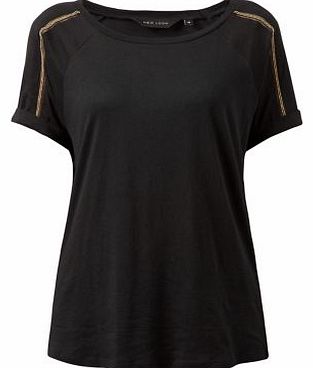 Black Beaded Trim Roll Sleeve T-Shirt 3206456