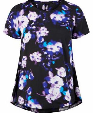 New Look Black Blurry Floral Print Longline T-Shirt 3230425