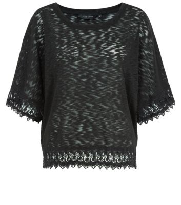 Black Fine Knit Crochet Hem T-Shirt 3193624
