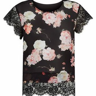 Black Floral Print Chiffon Lace Trim T-Shirt