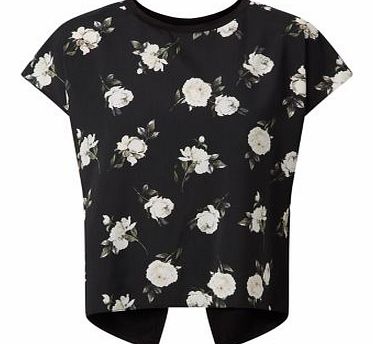 Black Floral Print Contrast Wrap Back T-Shirt