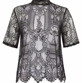 Black High Neck Baroque Lace Mesh T-Shirt 3213422