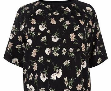 Black Ribbed Neck Floral Print T-Shirt 3223016