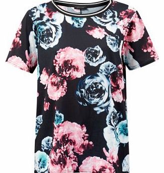 New Look Black Ribbed Neck Rose Print T-Shirt 3227881
