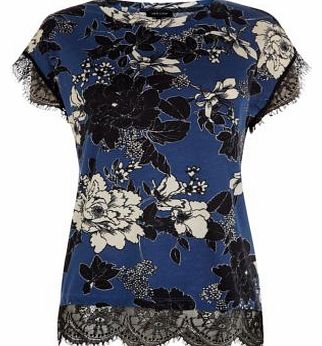 New Look Blue Floral Print Lace Hem T-Shirt 3242758