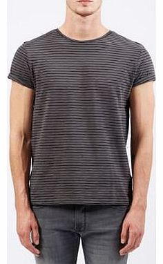 Dark Grey Stripe Print Rolled Sleeve T-Shirt