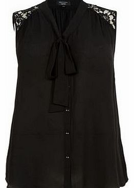 New Look Inspire Black Lace Shoulder Pussybow Blouse