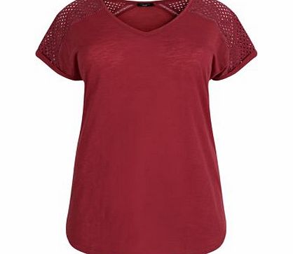 Inspire Dark Red V Neck Broderie Sleeve T-Shirt