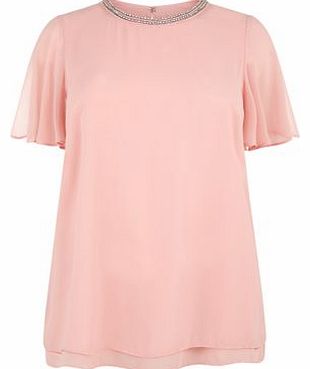 Inspire Pink Embellished Neck Dip Hem T-Shirt