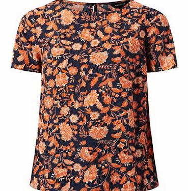Navy and Orange Floral Print Longline T-Shirt