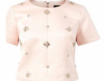 Shell Pink Sateen Jewel Embellished T-Shirt