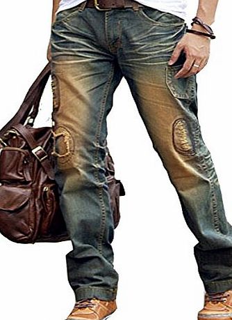 newfacelook  Mens Designer Ripped Jeans Blue Denim Mens Trousers Fadded F004 W30 L30