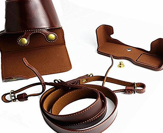 Newlan Protective Compact Leather Case with Shoulder Strap for Olympus PEN-F Digital Camera with 17mm(Coffee)