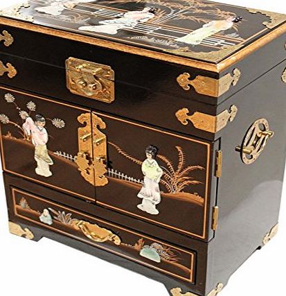 Newquay-Bonsai Black with Mother of Pearl Lacquered Jewellery Box Oriental Furniture Chinese