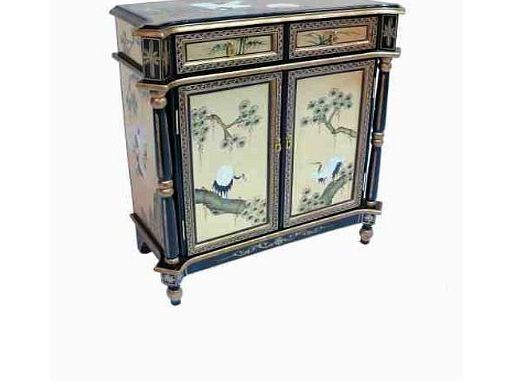 Newquay-Bonsai Lacquered Gold Leaf with Cranes Pillar Cabinet Chinese Oriental Furniture