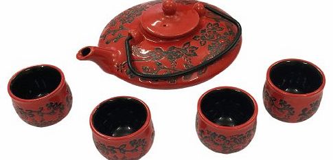 Red and Black Floral - Oriental Chinese Teapot and Four Teacups Teaset Mandarin