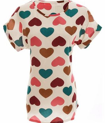 (TM) Women Heart Geometric Print Short Sleeve Chiffon Blouses (White,S)