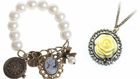 TM) 2Pcs Pack- Vintage Unique Bronze classic Flower style long necklace + Classic Pearl Bracelet with Charms