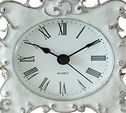NIKKY HOME Pewter Pretty Small and Cute Table Clock Bedside with Quartz Analog Crystal Rhinestone 3 Desk and Shelf for Living Room Bathroom Decoration , White Enamel