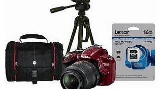 Nikon D3200 Red SLR Camera Kit inc 18-55mm VR II Lens 16GB Case Floor Tripod