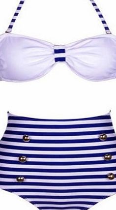 Ninimour RETRO Stripe Swimsuits Suits Swimwear Vintage Bandeau HIGH WAISTED Bikini Set (Blue, Large)