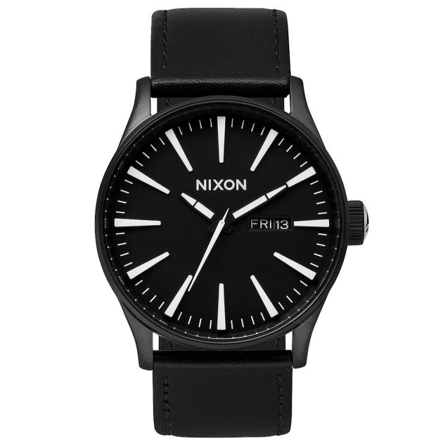 Mens Nixon The Sentry Leather Watch - Black White