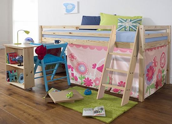 Noa and Nani Cabin Bed with Desk in FLORAL Design , PINE Bed with Tent PINE