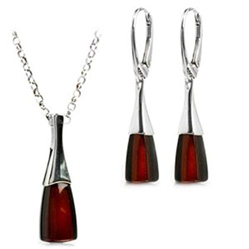 Black Cherry Amber Sterling Silver Contemporary Leverback Earrings Necklace 46 cm Set