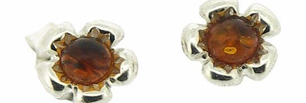 Nova Silver Classic Amber, Cognac Amber and Silver Tiny Flower Stud Earrings