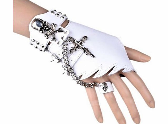 05 Right hand With teeth Punk Design Handmade Gothic Leather Pair Fingerless Glove Skull+Bracelets black color
