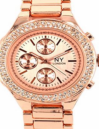 NY LONDON Designer Ladies Watch Exclusive Ladies Rhinestone Chronograph Clock in Optics Rose Gold
