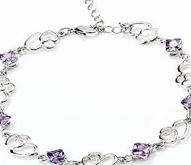Original New Ladies Fashion Platinum Plated Double Heart Purple Crystal Chain Bracelet Prevent allergy Wristband Bracelet Bracelets Bangles - 17cm length adjustable - lobster claw cl
