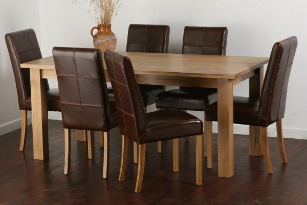 Solid Oak Dining Set With 6 Brown Stitch Back