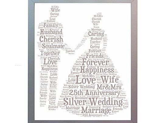 Framed 25th Silver Wedding Anniversary Word Art A4 Photo Picture Print. Keepsake Gift for Mum, Dad, Friend & Family